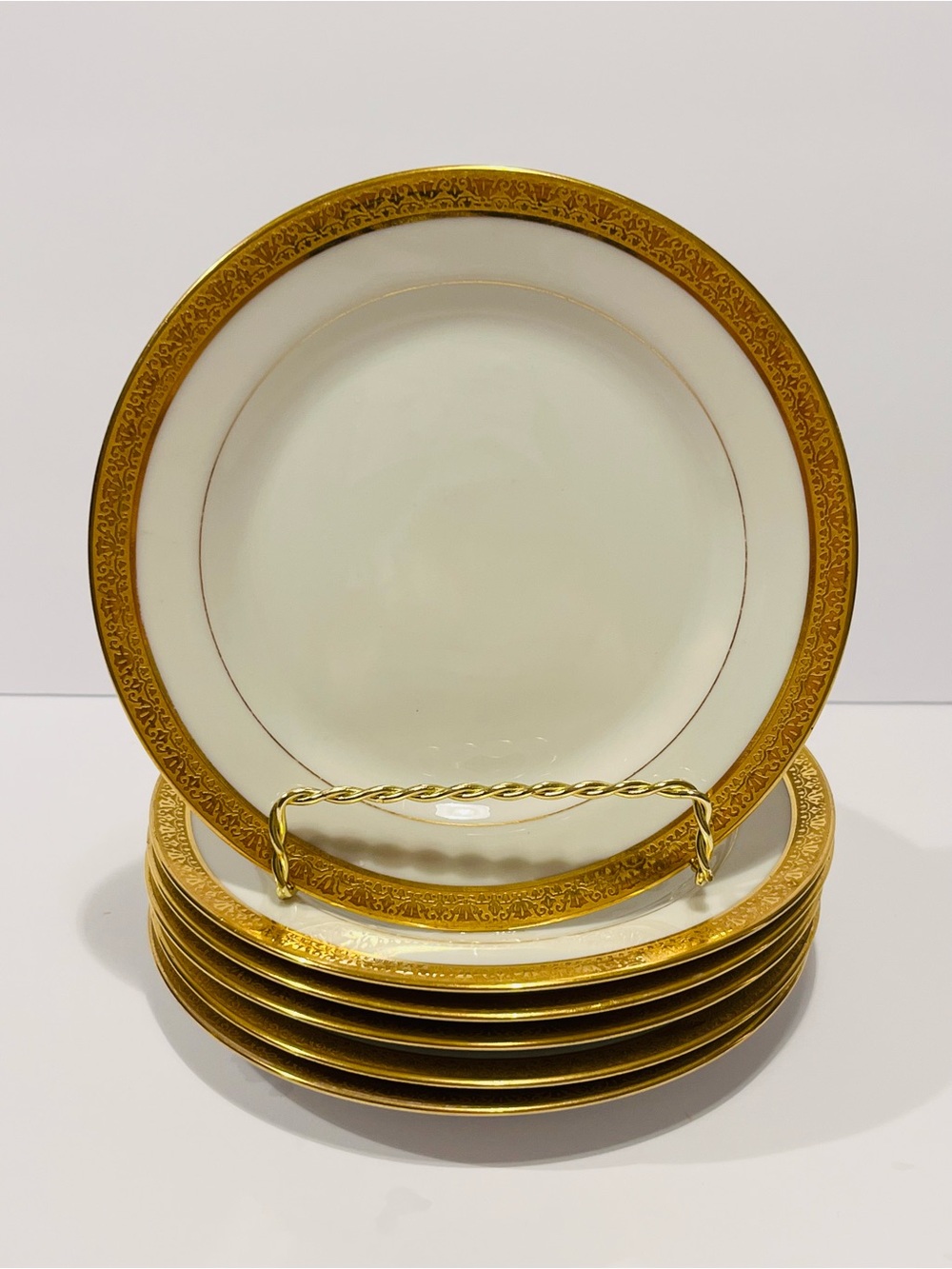 Antique 1920’s Limoges Elite Work France Gilded Encrusted Rim 6 Bread Plates